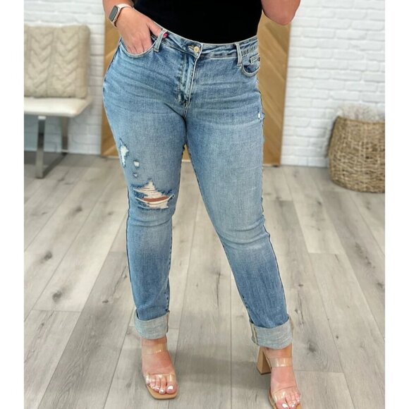 Judy Blue Jeans Distressed Boyfriend Medium Blue Size 15/32 - Picture 2 of 9